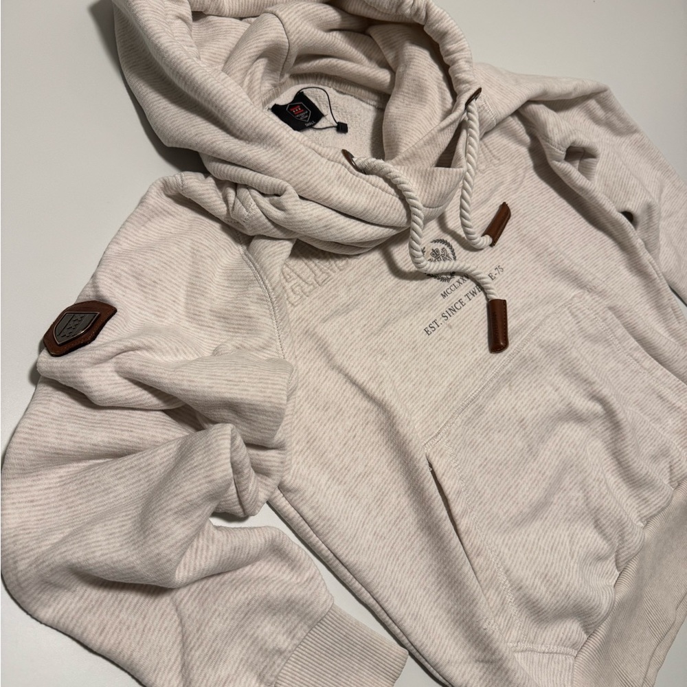 Naketano Cream Hooded Sweatshirt with Leather-Trim Details